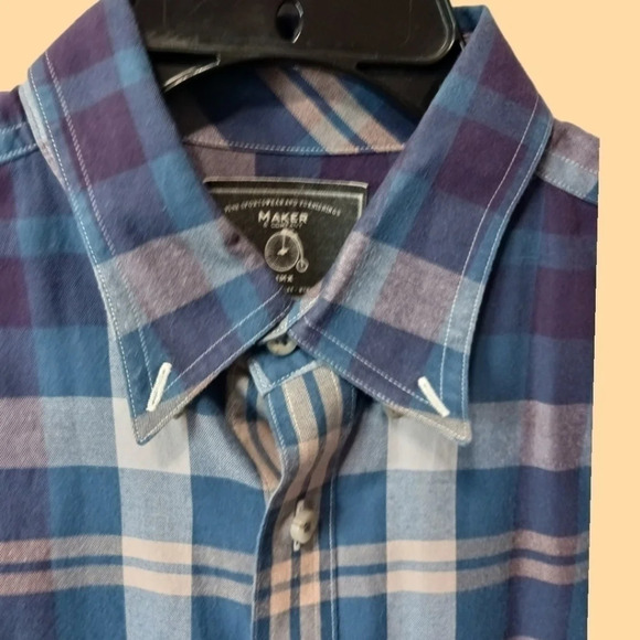 Maker & co button front shirt plaid mens size Large blue & beige color - Picture 5 of 12